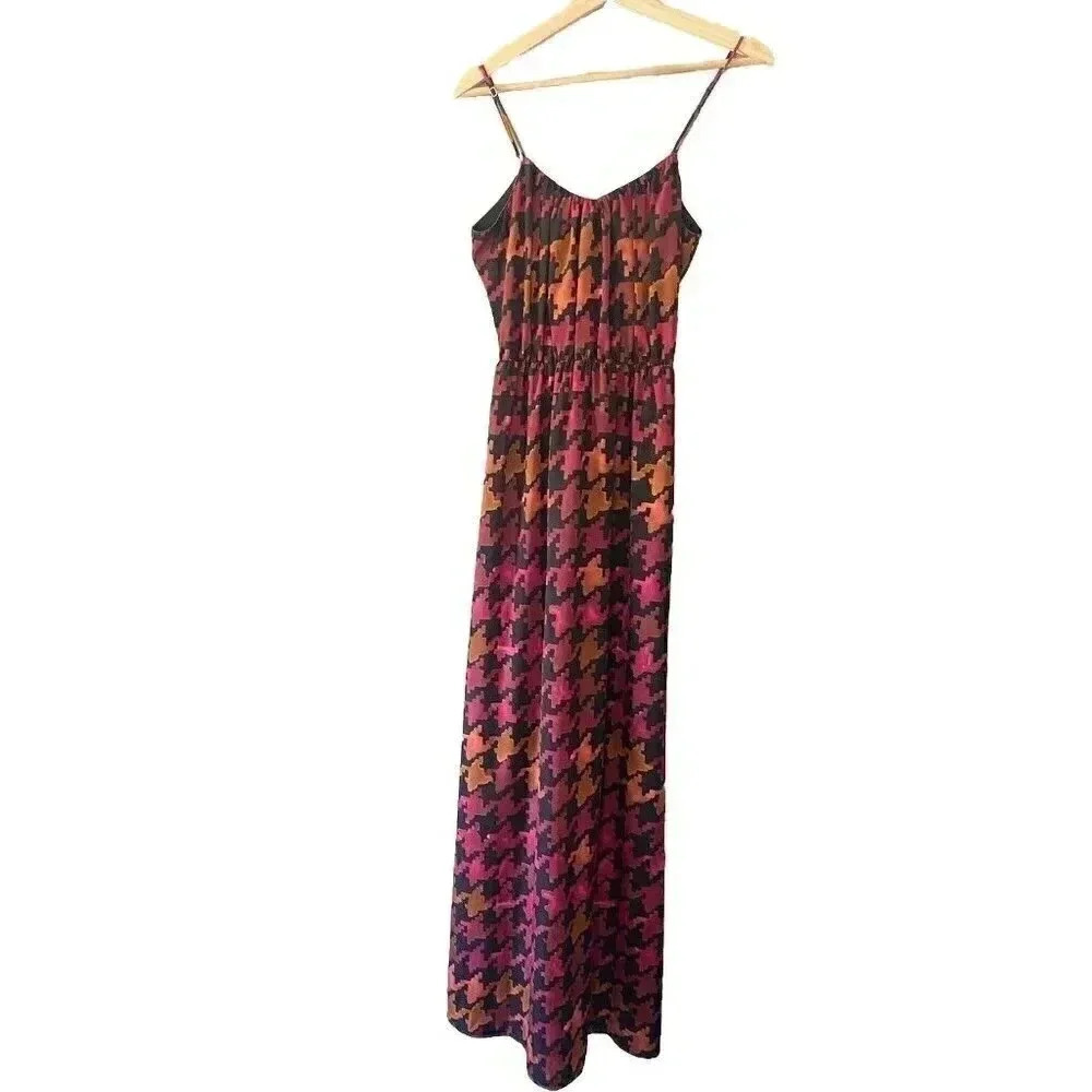 LAVENDER BROWN Orange Pink Burgundy Fall Houndstooth Maxi‎ Dress Size S Small